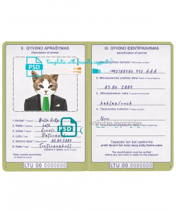 Lithuania cat (animal, pet) passport PSD template, completely editable