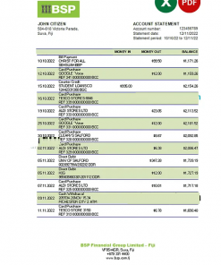 Fiji Bank of South Pacific bank statement Excel and PDF template