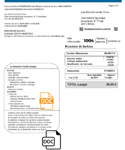 Spain Movistar Fusion telecom operator utility bill document in Word and PDF format