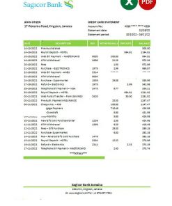 Jamaica Sagicor bank statement Excel and PDF template