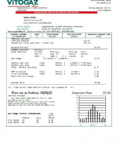 Switzerland Vitogaz Switzerland AG utility bill template, fully editable in Word and PDF format