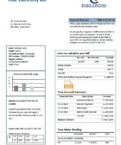 Tunisia electricity proof of address utility bill template in Word and PDF format