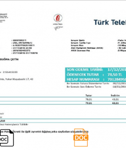 Turkey Turktelekom utility bill template in Word and PDF format, fully editable