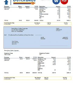 USA Dutch Bros Coffee Corporate coffeehouse company pay stub Word and PDF template
