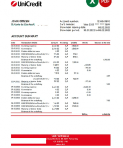 Italy Unicredit bank statement Excel and PDF template