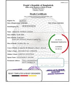 Bangladesh Death certificate template in PSD format, fully editable