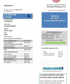 United Arab Emirates Abu Dhabi Distribution water utility bill template in Word and PDF format