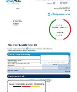 United Kingdom Affinity Water utility bill template in Word and PDF format