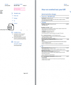 United Kingdom BT utility bill template in Word and PDF format, 2 pages