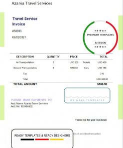 USA Azarea Travel Services invoice template in Word and PDF format, fully editable
