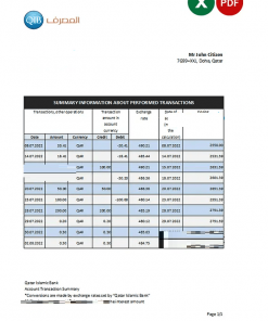 Qatar Islamic bank statement, Excel and PDF template