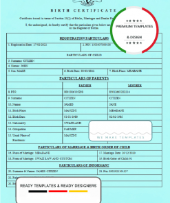 Swaziland birth certificate template in Word and PDF format