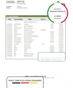 Saudi Arabia SNB bank statement template in Word and PDF format