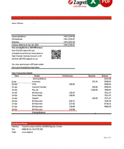 Croatia Zagrebačka Bank statement Excel and PDF template