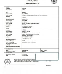 Australia South Australia birth certificate template in Word format, version 2