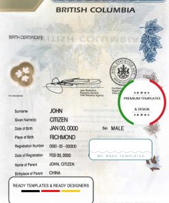 Canada British Columbia Birth Certificate template in PSD format