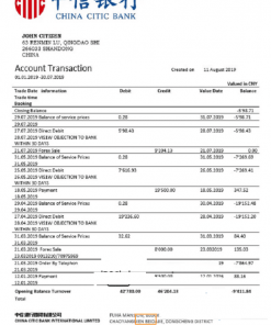 China Citic Bank Corp bank statement template in Word and PDF format