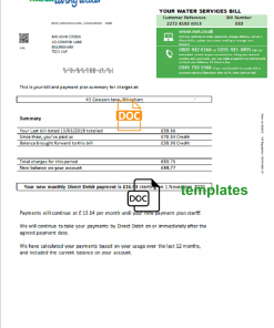 United Kingdom Northumbrian Water utility bill template in Word and PDF format, version 1