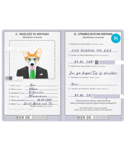 Kenya dog (animal, pet) passport PSD template, completely editable