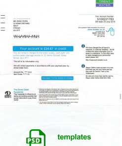 United Kingdom Severn Trent Water utility bill template, fully editable in PSD format