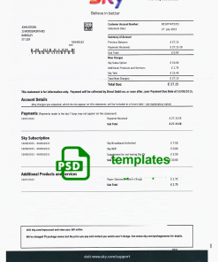 United Kingdom Sky utility bill template, fully editable in PSD format