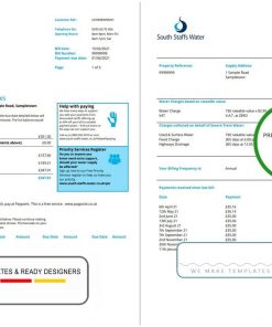 United Kingdom South Staffs Water utility bill template in Word and PDF format, 2 pages