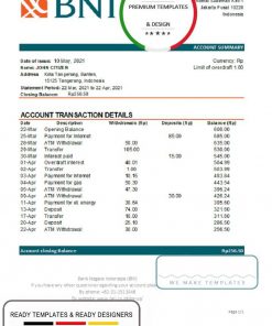 Indonesia Bank Negara Indonesia (BNI) bank statement easy to fill template in Excel and PDF format
