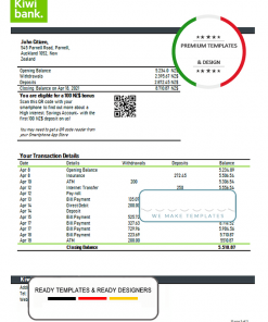 New Zealand Kiwibank bank statement template in Word and PDF format