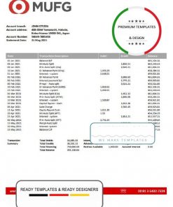 Japan MUFG bank statement template in Excel and PDF format