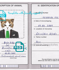 Lesotho cat (animal, pet) passport PSD template, completely editable