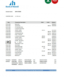 Samoa Bank of Hawaii bank statement, Excel and PDF template