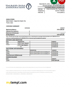 Libya Jumhouria bank statement Excel and PDF template