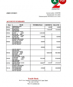 Nigeria Zenith Bank statement Excel and PDF template