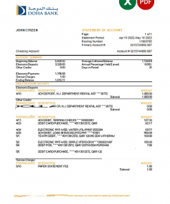 Qatar Doha bank statement, Excel and PDF template