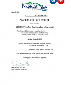 Canada Ontario The Niagara-on-the-Lake water utility shut off notice, Word and PDF template