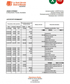 Seychelles Bank of Baroda bank statement, Excel and PDF template