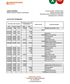 Montenegro Hipotekarna bank statement Excel and PDF template
