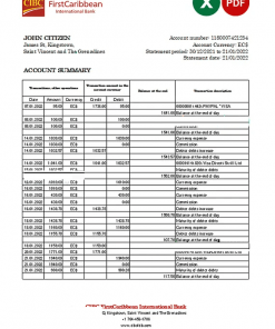 Saint Vincent and The Grenadines First Caribbean International bank statement, Excel and PDF template, version 2