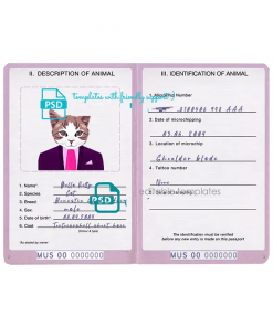 Mauritius cat (animal, pet) passport PSD template, fully editable