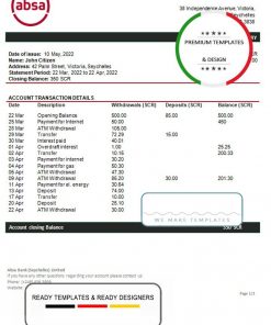 Seychelles ABSA Bank statement template, Word and PDF format (.doc and .pdf)
