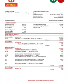 Malaysia AmBank bank statement Excel and PDF template