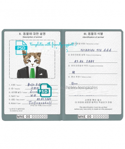 North Korea cat (animal, pet) passport PSD template, fully editable