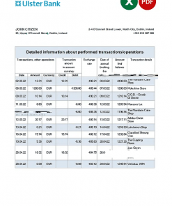 Ireland Ulster Bank statement Excel and PDF template