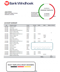 Namibia Bank Windhoek bank statement template in Word and PDF format
