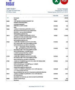 Ireland Bank of Ireland bank statement Excel and PDF template