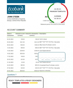 Central African Republic Ecobank bank statement Excel and PDF template (AutoSum)