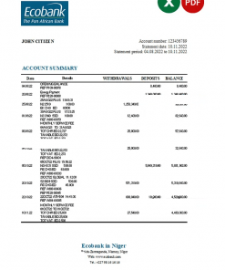 Niger Ecobank bank statement Excel and PDF template