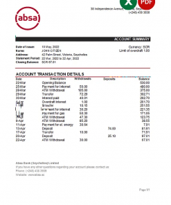 Seychelles ABSA bank statement, Excel and PDF template