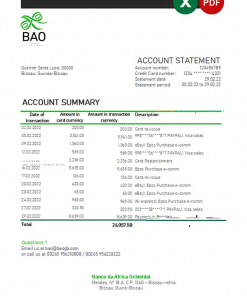 Guinea-Bissau Banco da Africa Ocidental bank statement Excel and PDF template