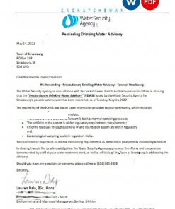 Canada Saskatchewan Strasbourg Water Security Agency water utility shut off notice, Word and PDF template